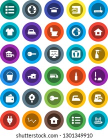 White Solid Icon Set- bucket vector, iron, toilet, brush, sprayer, oil, school bus, world, constellation, scales, earth, dry cargo, diagnostic monitor, key, house, cottage, fruit tree, wallet, home