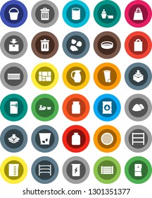 White Solid Icon Set- bucket vector, trash bin, garbage pile, measuring cup, jug, sieve, jar, enegry drink, sea container, port, wood box, consolidated cargo, package, oil barrel, shelving, fridge