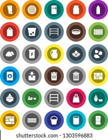 White Solid Icon Set- bucket vector, trash bin, garbage pile, jug, sieve, jar, enegry drink, water bottle, sea container, port, wood box, consolidated cargo, package, oil barrel, shelving, fridge