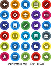 White Solid Icon Set- bucket vector, pen, university, ruler, bell, calculator, school bus, piggy bank, target, roller Skates, calendar, settings, social media, group, cloud network, home, arrow, buy
