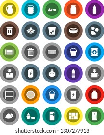 White Solid Icon Set- bucket vector, trash bin, garbage pile, jug, sieve, jar, enegry drink, water bottle, sea container, port, wood box, consolidated cargo, package, oil barrel, shelving, fridge