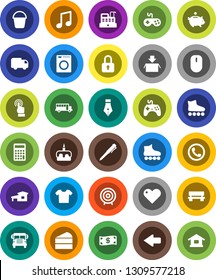 White Solid Icon Set- bucket vector, cake, pen, school bus, music, piggy bank, calculator, target, roller Skates, gamepad, touchscreen, heart, bench, arrow, cottage, phone, cash, cashbox, delivery