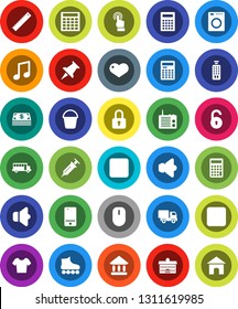 White Solid Icon Set- bucket vector, university, ruler, calculator, school bus, music, t shirt, roller Skates, speaker, remote control, mobile phone, touchscreen, heart, thumbtack, pause button, rec