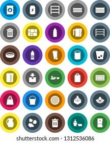 White Solid Icon Set- bucket vector, trash bin, garbage pile, measuring cup, jug, sieve, enegry drink, water bottle, sea container, port, wood box, consolidated cargo, package, oil barrel, shelving