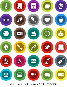 White Solid Icon Set- bucket vector, sponge, spatula, toaster, microwave oven, double boiler, drawing compass, microscope, table lamp, barbell, fitball, boxing glove, hoop, notebook pc, thumbtack