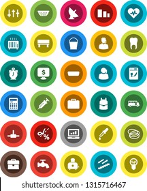 White Solid Icon Set- bucket vector, water tap, colander, toaster, backpack, calculator, alarm clock, school bus, laptop graph, case, monitor dollar, stairways run, hoop, support, sorting, settings