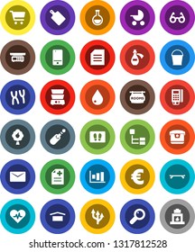 White Solid Icon Set- bucket vector, water drop, welcome mat, cutting board, double boiler, glasses, document, graph, cart, euro sign, skateboard, dry cargo, mobile phone, jack, heart pulse, flask