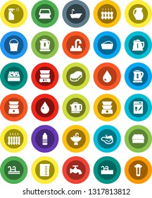 White Solid Icon Set- bucket vector, sponge, water drop, tap, bath, foam basin, sprayer, sink, kettle, measuring cup, double boiler, jug, bottle, pond, pool, heating, dishwasher, filter