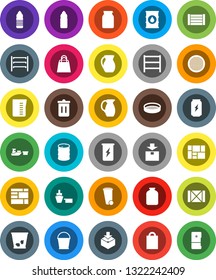 White Solid Icon Set- bucket vector, trash bin, measuring cup, jug, sieve, jar, enegry drink, water bottle, port, wood box, consolidated cargo, package, oil barrel, shelving, shopping bag, fridge