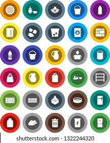White Solid Icon Set- bucket vector, trash bin, garbage pile, measuring cup, jug, sieve, jar, enegry drink, water bottle, sea container, port, wood box, consolidated cargo, package, oil barrel