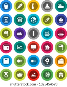 White Solid Icon Set- bucket vector, sprayer, plates, cake, book, pencil, school bus, graph, wallet, sand clock, tie, scales, target, medal, earth, flammable, syringe, router, key, house, pool, iron