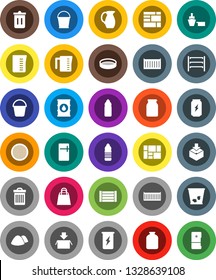 White Solid Icon Set- bucket vector, trash bin, garbage pile, measuring cup, jug, sieve, jar, enegry drink, water bottle, sea container, port, wood box, consolidated cargo, package, oil barrel