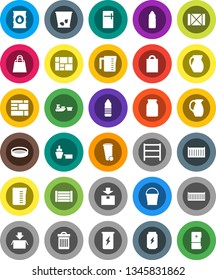 White Solid Icon Set- bucket vector, trash bin, measuring cup, jug, sieve, jar, enegry drink, water bottle, sea container, port, wood box, consolidated cargo, package, oil barrel, shelving, fridge