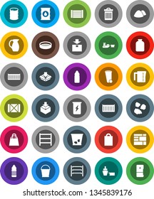 White Solid Icon Set- bucket vector, trash bin, garbage pile, measuring cup, jug, sieve, jar, enegry drink, water bottle, sea container, port, wood box, consolidated cargo, package, oil barrel