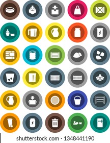 White Solid Icon Set- bucket vector, trash bin, garbage pile, measuring cup, jug, sieve, jar, enegry drink, sea container, port, wood box, consolidated cargo, package, oil barrel, shelving, fridge