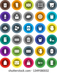 White Solid Icon Set- bucket vector, trash bin, garbage pile, jug, sieve, jar, enegry drink, water bottle, sea container, port, wood box, consolidated cargo, package, oil barrel, shelving, fridge