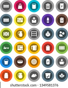 White Solid Icon Set- bucket vector, trash bin, garbage pile, measuring cup, jug, sieve, jar, enegry drink, water bottle, sea container, port, wood box, consolidated cargo, package, oil barrel