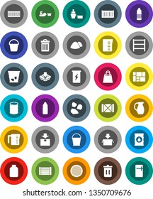 White Solid Icon Set- bucket vector, trash bin, garbage pile, measuring cup, jug, sieve, jar, enegry drink, water bottle, sea container, port, wood box, consolidated cargo, package, oil barrel