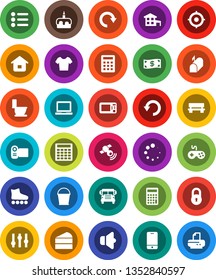 White Solid Icon Set- bucket vector, toilet, cake, notebook pc, school bus, calculator, target, t shirt, roller Skates, satellitie, speaker, gamepad, settings, mobile phone, bench, redo, undo, lock