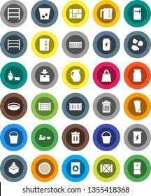 White Solid Icon Set- bucket vector, trash bin, garbage pile, measuring cup, jug, sieve, jar, enegry drink, sea container, port, wood box, consolidated cargo, package, oil barrel, shelving, fridge