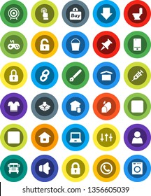 White Solid Icon Set- bucket vector, toilet, pen, notebook pc, school bus, arrow down, t shirt, target, dry cargo, speaker, gamepad, settings, mobile phone, touchscreen, thumbtack, backward button