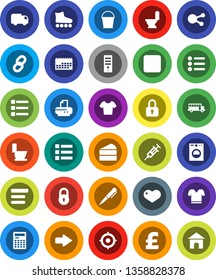 White Solid Icon Set- bucket vector, toilet, cake, pen, calculator, school bus, target, pound, t shirt, roller Skates, calendar, social media, heart, forward button, syringe, menu, arrow, chain