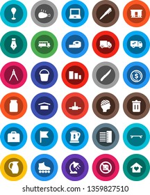 White Solid Icon Set- bucket vector, trash bin, kettle, knife, jug, jar, chicken leg, pen, drawing compass, case, table lamp, notebook pc, school bus, flag, dollar coin, measuring, punching bag, hub