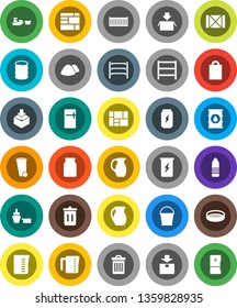 White Solid Icon Set- bucket vector, trash bin, garbage pile, measuring cup, jug, sieve, jar, enegry drink, water bottle, sea container, port, wood box, consolidated cargo, package, oil barrel