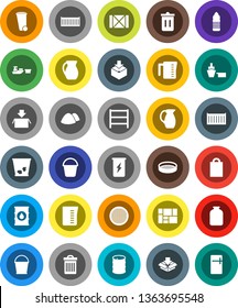 White Solid Icon Set- bucket vector, trash bin, garbage pile, measuring cup, jug, sieve, jar, enegry drink, water bottle, sea container, port, wood box, consolidated cargo, package, oil barrel