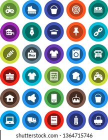 White Solid Icon Set- bucket vector, cake, pen, university, notebook pc, school bus, abacus, target, t shirt, roller Skates, dry cargo, speaker, gamepad, remote control, mobile phone, thumbtack, buy