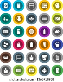 White Solid Icon Set- bucket vector, trash bin, garbage pile, jug, sieve, water bottle, sea container, port, wood box, consolidated cargo, package, oil barrel, shelving, shopping bag, fridge