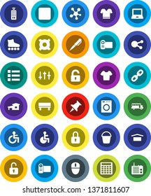 White Solid Icon Set- bucket vector, pen, notebook pc, school bus, calculator, any currency, t shirt, roller Skates, dry cargo, settings, remote control, social media, thumbtack, pause button, bench