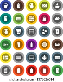 White Solid Icon Set- bucket vector, trash bin, garbage pile, jug, sieve, jar, enegry drink, water bottle, sea container, port, wood box, consolidated cargo, package, shelving, shopping bag, fridge