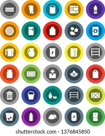 White Solid Icon Set- bucket vector, trash bin, garbage pile, measuring cup, jug, sieve, jar, enegry drink, water bottle, sea container, port, wood box, consolidated cargo, package, oil barrel