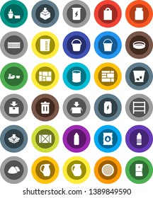 White Solid Icon Set- bucket vector, trash bin, garbage pile, measuring cup, jug, sieve, jar, enegry drink, water bottle, sea container, port, wood box, consolidated cargo, package, oil barrel