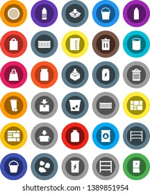White Solid Icon Set- bucket vector, trash bin, garbage pile, measuring cup, sieve, jar, enegry drink, water bottle, sea container, consolidated cargo, package, oil barrel, shelving, shopping bag