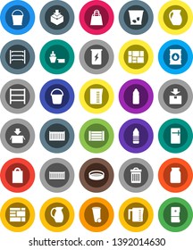 White Solid Icon Set- bucket vector, trash bin, measuring cup, jug, sieve, jar, enegry drink, water bottle, sea container, port, wood box, consolidated cargo, package, oil barrel, shelving, fridge