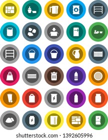 White Solid Icon Set- bucket vector, trash bin, garbage pile, measuring cup, jug, sieve, jar, enegry drink, water bottle, sea container, port, consolidated cargo, oil barrel, shelving, shopping bag