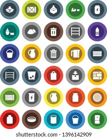 White Solid Icon Set- bucket vector, trash bin, garbage pile, measuring cup, jug, sieve, jar, enegry drink, water bottle, sea container, port, wood box, consolidated cargo, package, oil barrel