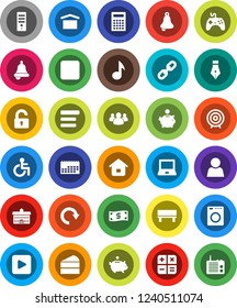 White Solid Icon Set- cake vector, pen, university, bell, calculator, notebook pc, music, piggy bank, target, calendar, dry cargo, gamepad, group, play button, forward, disabled, menu, bench, redo