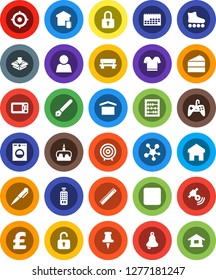 White Solid Icon Set- cake vector, pen, ruler, bell, abacus, target, pound, t shirt, roller Skates, calendar, dry cargo, satellitie, remote control, social media, thumbtack, backward button, home