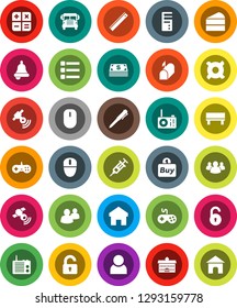 White Solid Icon Set- cake vector, university, ruler, pen, bell, school bus, any currency, satellitie, gamepad, group, syringe, menu, home, bench, unlock, user, mailbox, cash, buy, calculator, mouse
