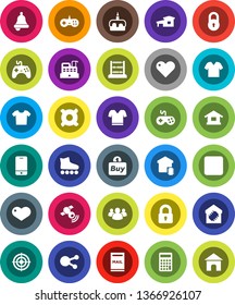 White Solid Icon Set- cake vector, bell, abacus, calculator, any currency, t shirt, roller Skates, target, satellitie, gamepad, mobile phone, social media, group, heart, backward button, lock, buy