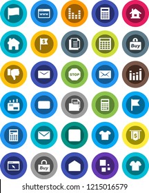 White Solid Icon Set- calculator vector, flag, dollar, document, equalizer, finger down, mail, stop button, browser, home, loading, house, buy, clothes