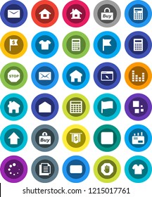 White Solid Icon Set- calculator vector, flag, arrow up, dollar, document, equalizer, mail, stop button, browser, home, loading, house, buy, clothes