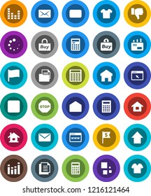 White Solid Icon Set- calculator vector, flag, arrow up, dollar, document, equalizer, finger down, mail, stop button, browser, home, loading, house, buy, clothes