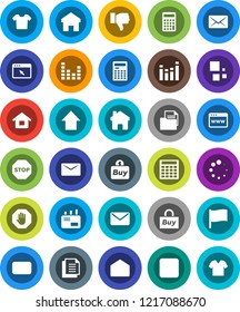 White Solid Icon Set- calculator vector, flag, arrow up, document, equalizer, finger down, mail, stop button, browser, home, loading, house, buy, clothes