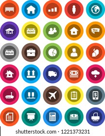 White Solid Icon Set- calculator vector, document, pie graph, case, man, presentation board, clipboard, earth, plane, money, top sign, sorting, group, server, router, home, cloud download, house