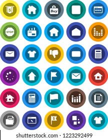 White Solid Icon Set- calculator vector, flag, arrow up, dollar, document, equalizer, finger down, mail, stop button, browser, home, loading, house, buy, clothes