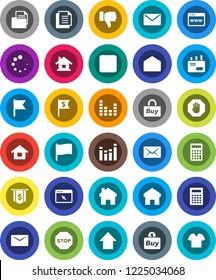 White Solid Icon Set- calculator vector, flag, arrow up, dollar, document, equalizer, finger down, mail, stop button, browser, home, loading, house, buy, clothes
